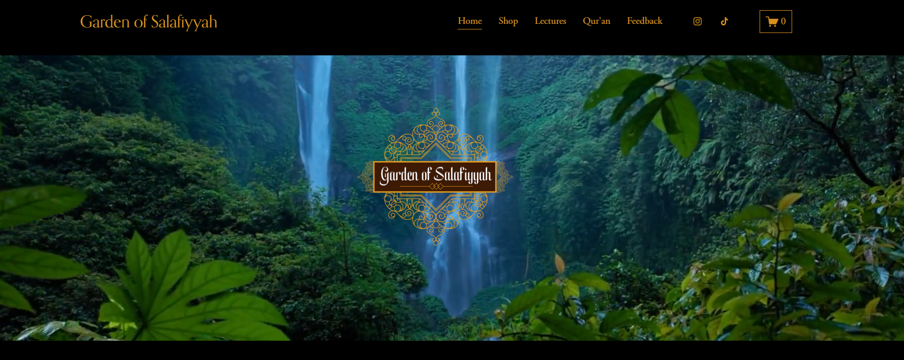 A lush green rainforest with a waterfall cascading down the cliffside, viewed through tree branches and leaves. The logo in the center reads 'Garden of Salafiyyah' in decorative golden font.
