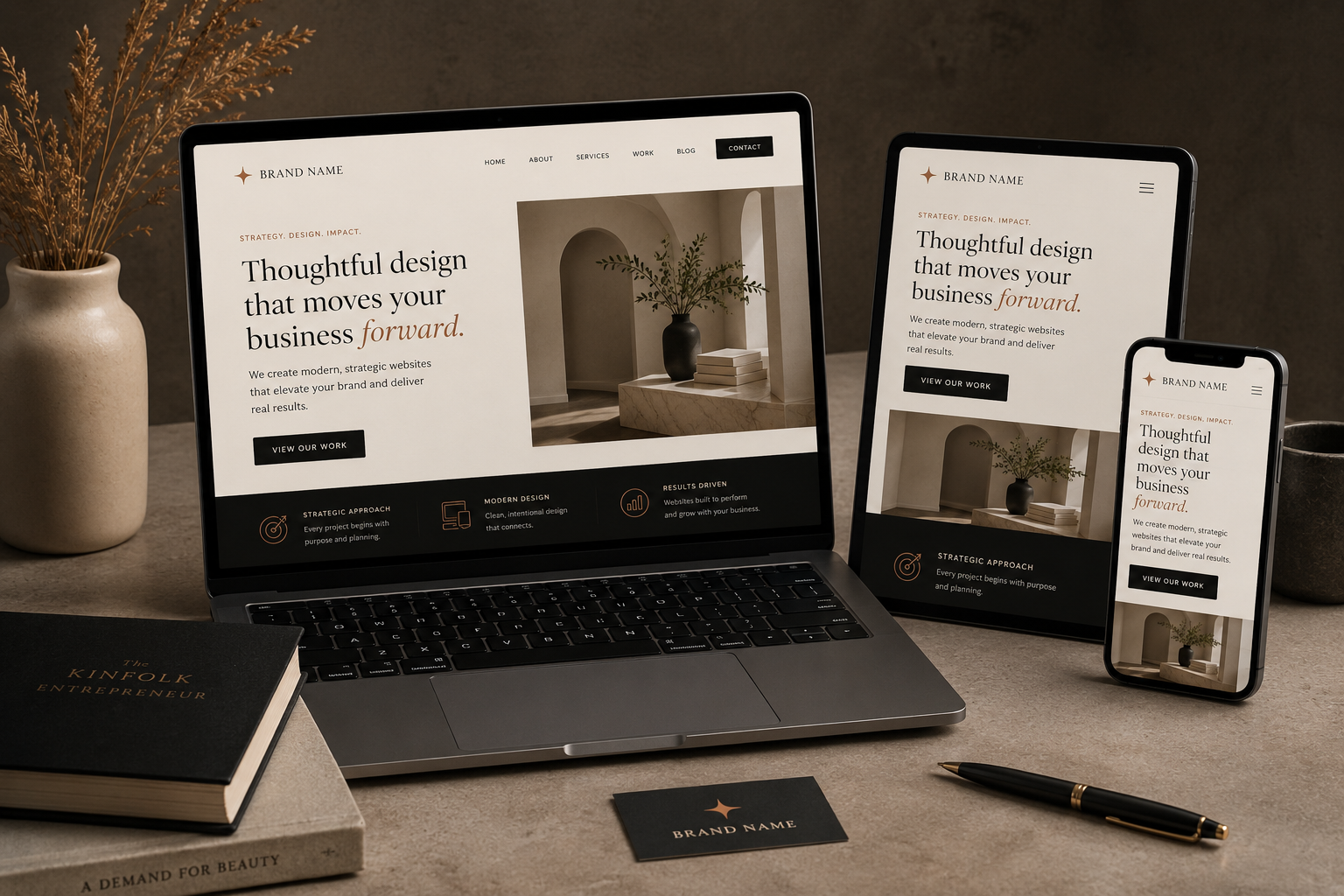 A workspace with a laptop, smartphone, and tablet displaying a website for a design agency. The scene includes a book titled 'The Kinfolk Entrepreneur,' a black business card with a star logo, a black pen with gold accents, a beige vase with dried flowers, and a gray bowl, all set on a beige surface.