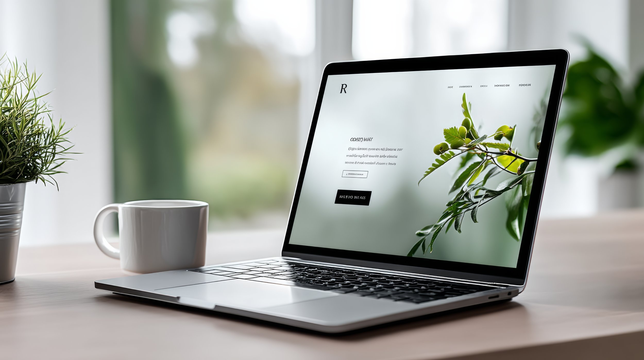 A MacBook laptop on a white desk displaying a website with text and images of green plants, flanked by a potted plant and a white coffee mug.