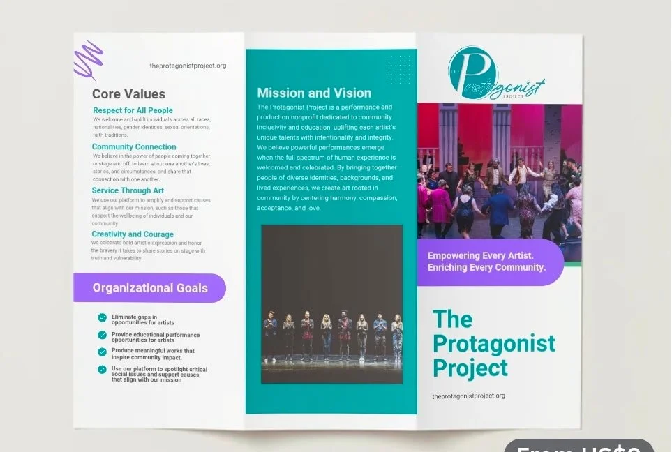 Tri-fold brochure for The Protagonist Project featuring core values, mission and vision, organizational goals, and an image of performers on stage.