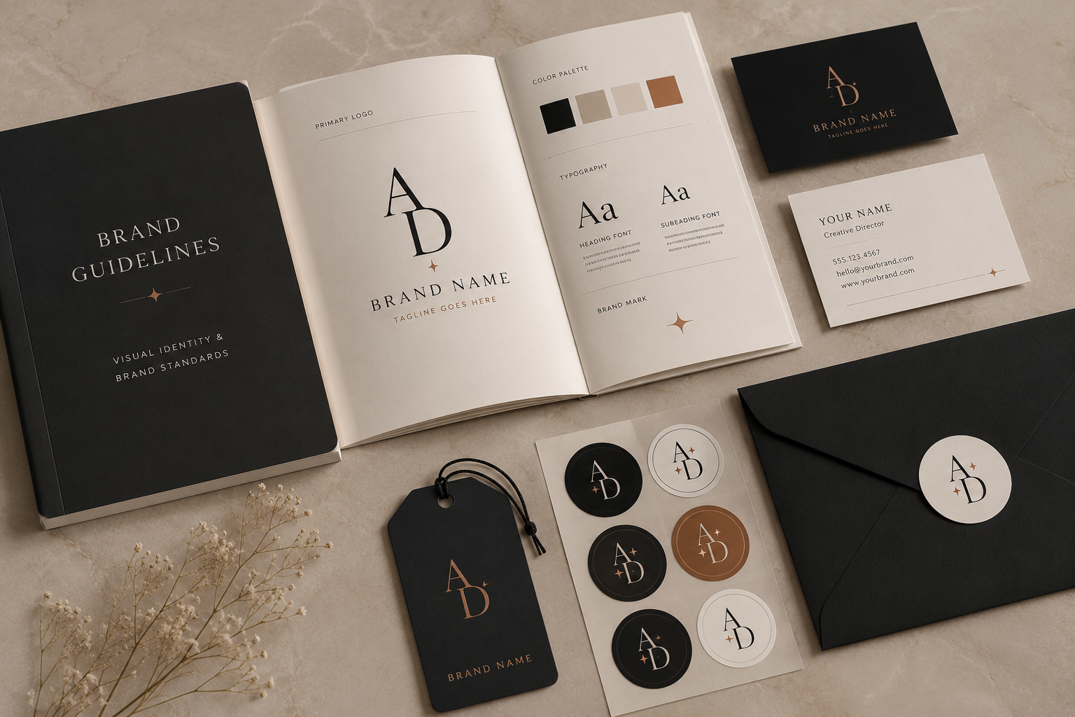 Branding kit including a black guideline book, an open brand guide with logo, color palette, typography, and brand mark, a black business card, a white business card, stickers featuring the logo, a black tag, a black envelope with logo sticker, and dried flowers on a beige surface.