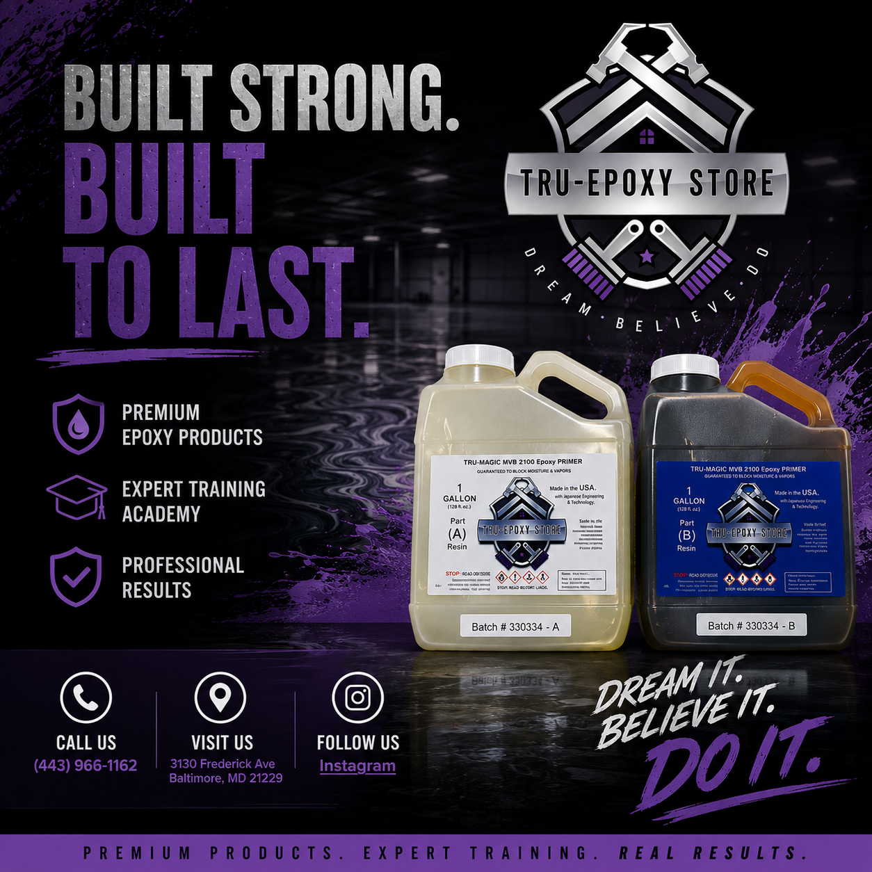 Advertisement for Tru-Epoxy Store featuring two gallon-sized epoxy primer containers, one beige and one black, with logos and batch numbers. The background has a dark, reflective surface with purple and black design elements, and the text promoting epoxy products, training, and professional results. Contact info and social media icons are also present.