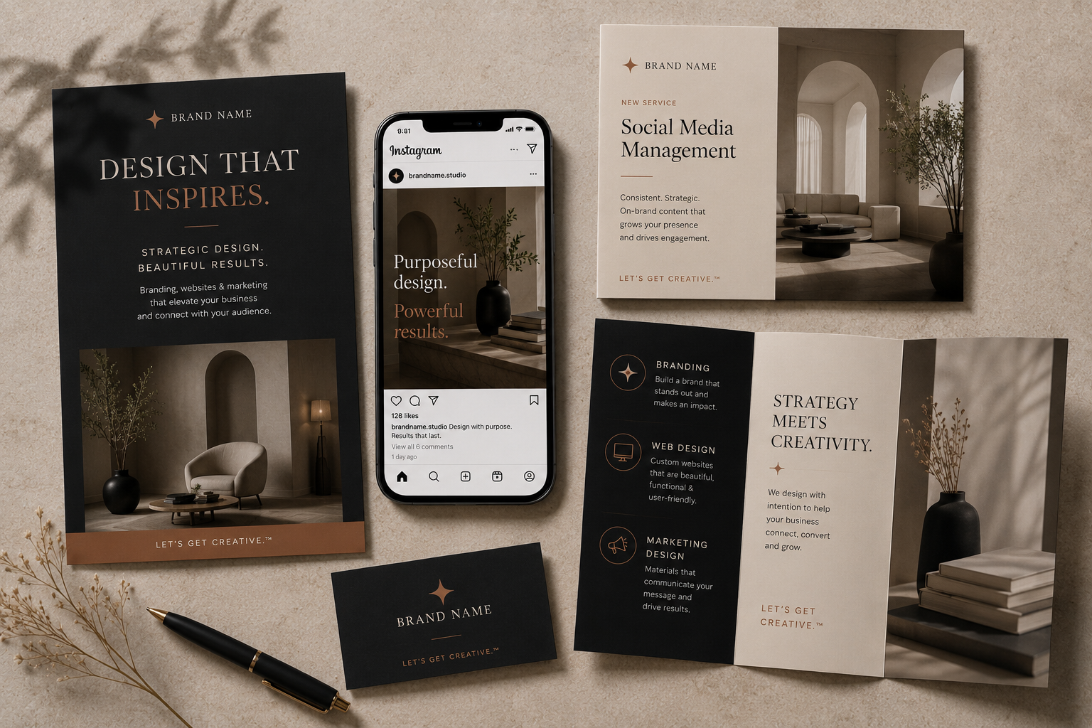A flat lay of marketing and branding print materials, a smartphone displaying an Instagram post, a black and gold pen, and some dried flowers on a beige surface.