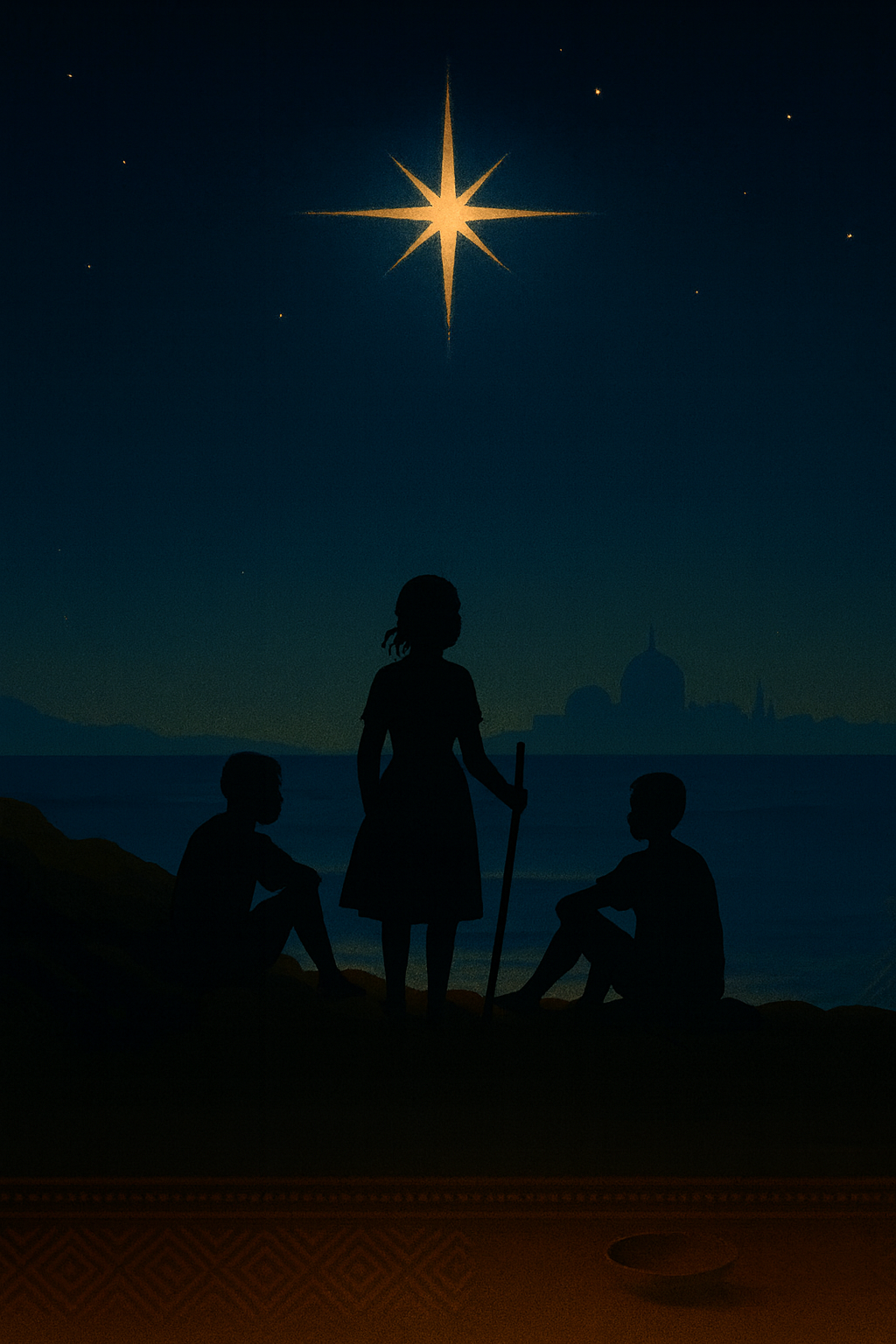 Silhouettes of three children outdoors at night, with a large bright star or planet glowing in the dark sky and a city skyline in the distant background.