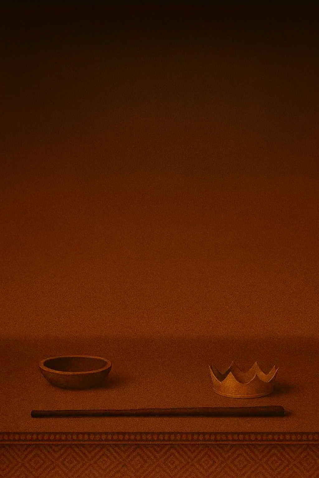 A dimly lit brown room with three objects: a shallow bowl on the left, a thin stick in the middle, and a paper crown on the right.