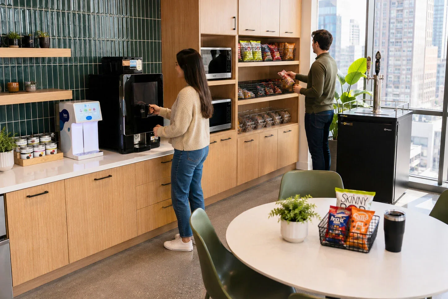 Employees in an office break room getting coffee and snacks, with a round table and green chairs, and large windows with city views.