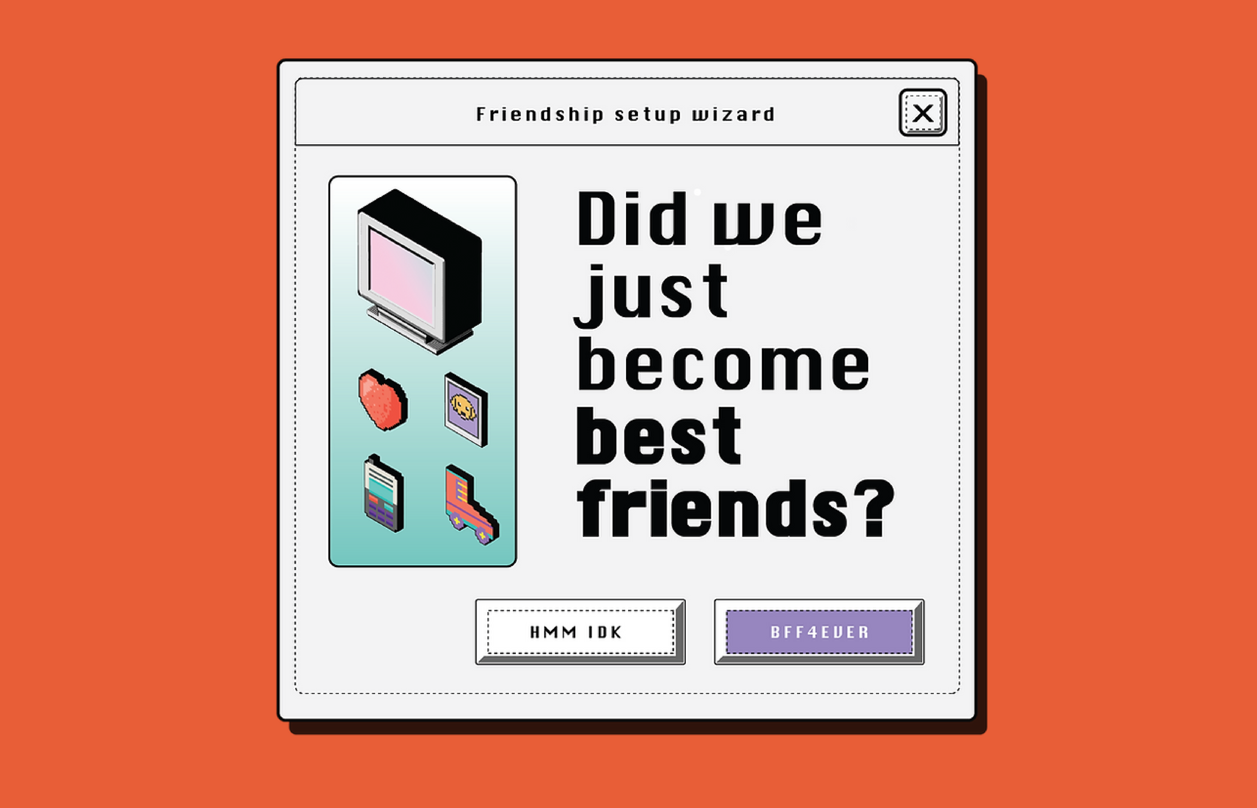 Podcast covert art for DWJBBF Podcast by Disco Ave. Artwork features a vintage computer pop-module with the prompt "Do you want to be best friends" with two button options for "I don't know," and "Yes."