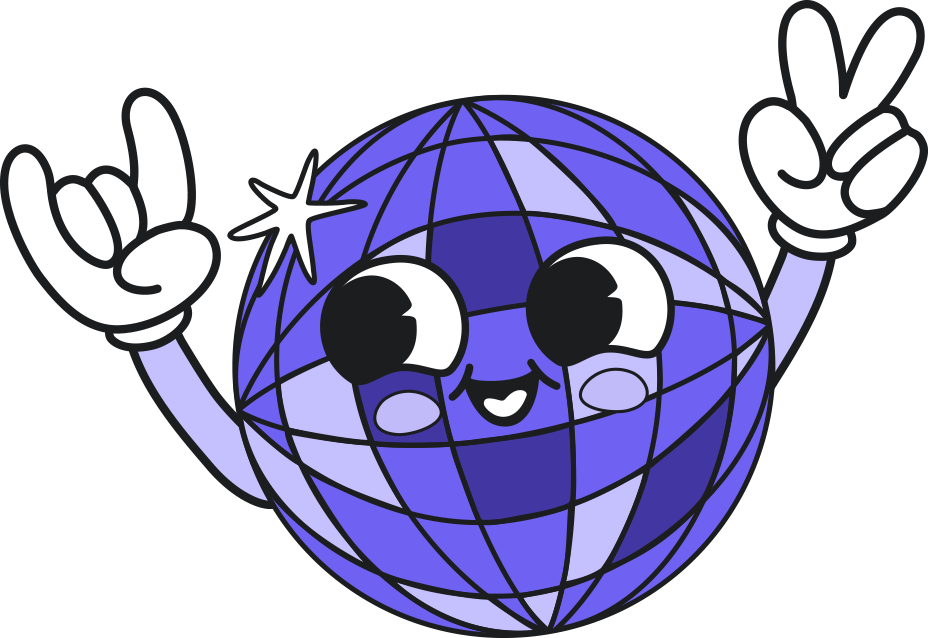 Joyful disco ball character illustration from Disco Ave, featuring a smiling face and raised hands with peace and rock-on gestures, representing the lively and dynamic spirit of the creative marketing agency.