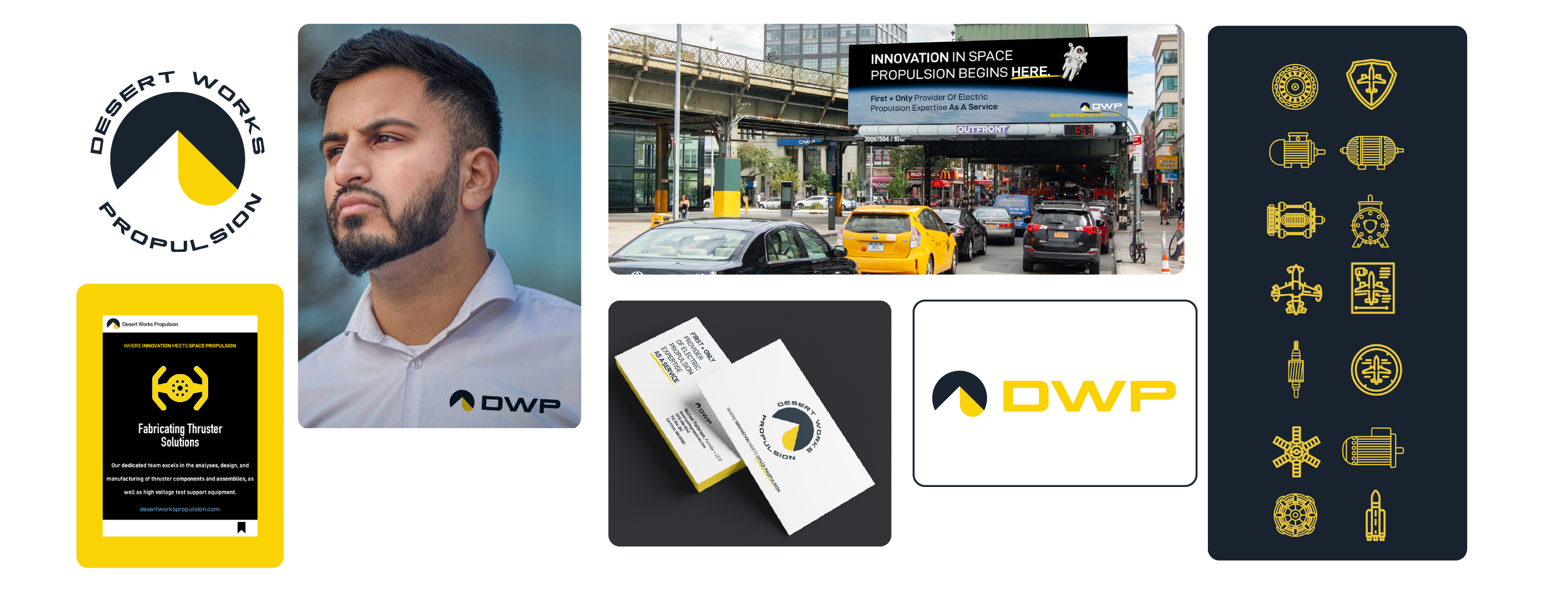 Image showcasing different branding elements created for Desert Works Propulsion–business card, social media posts, new logo, billboard advertisement, polo t-shirt– created by Disco Ave.