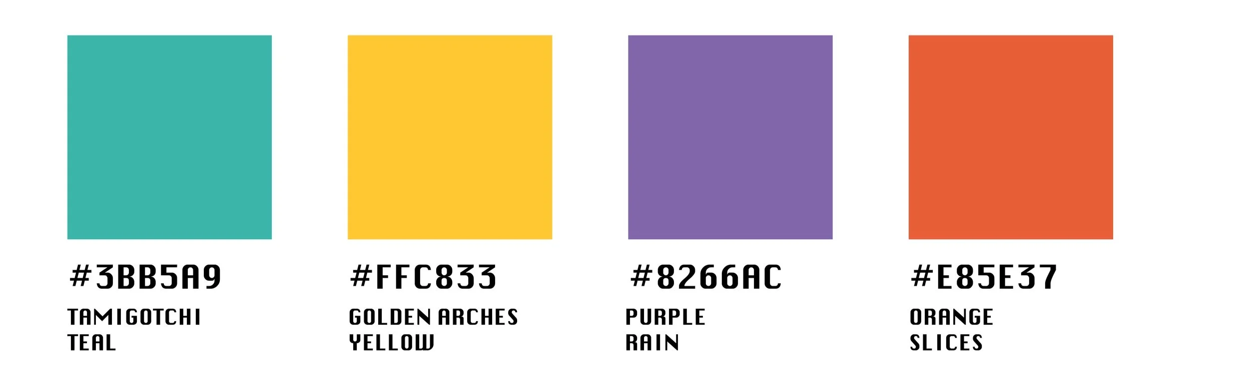 Brand color swatches–teal, yellow, purple and orange– for DWJBBF podcast, created by Disco Ave agency.