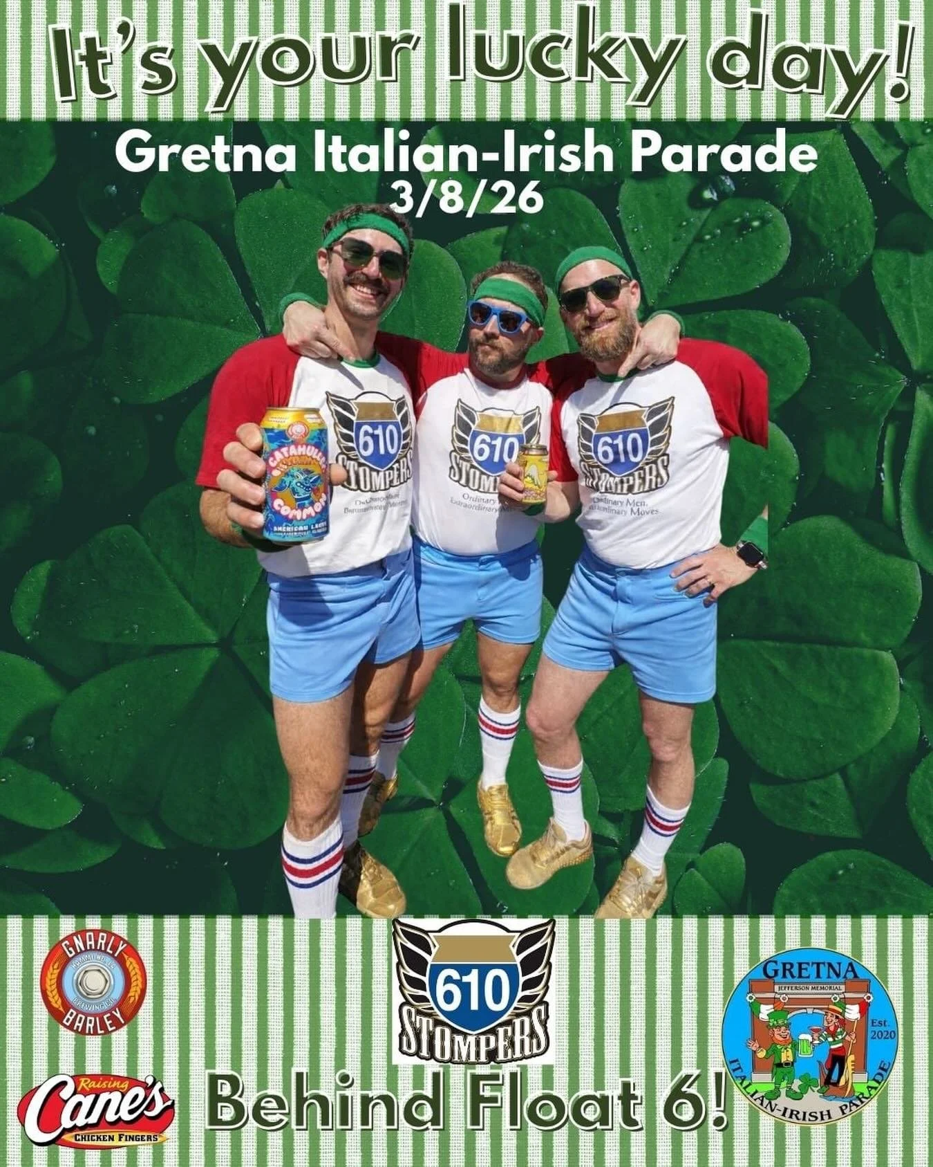 Mardi Gras may be over&hellip; but in Louisiana we don&rsquo;t stop, we just roll into the next parade!☘️
The 610 Stompers are keeping the season going at the Gretna Italian-Irish Parade this Sunday, March 8!

Be ready to catch a heaping serving of v