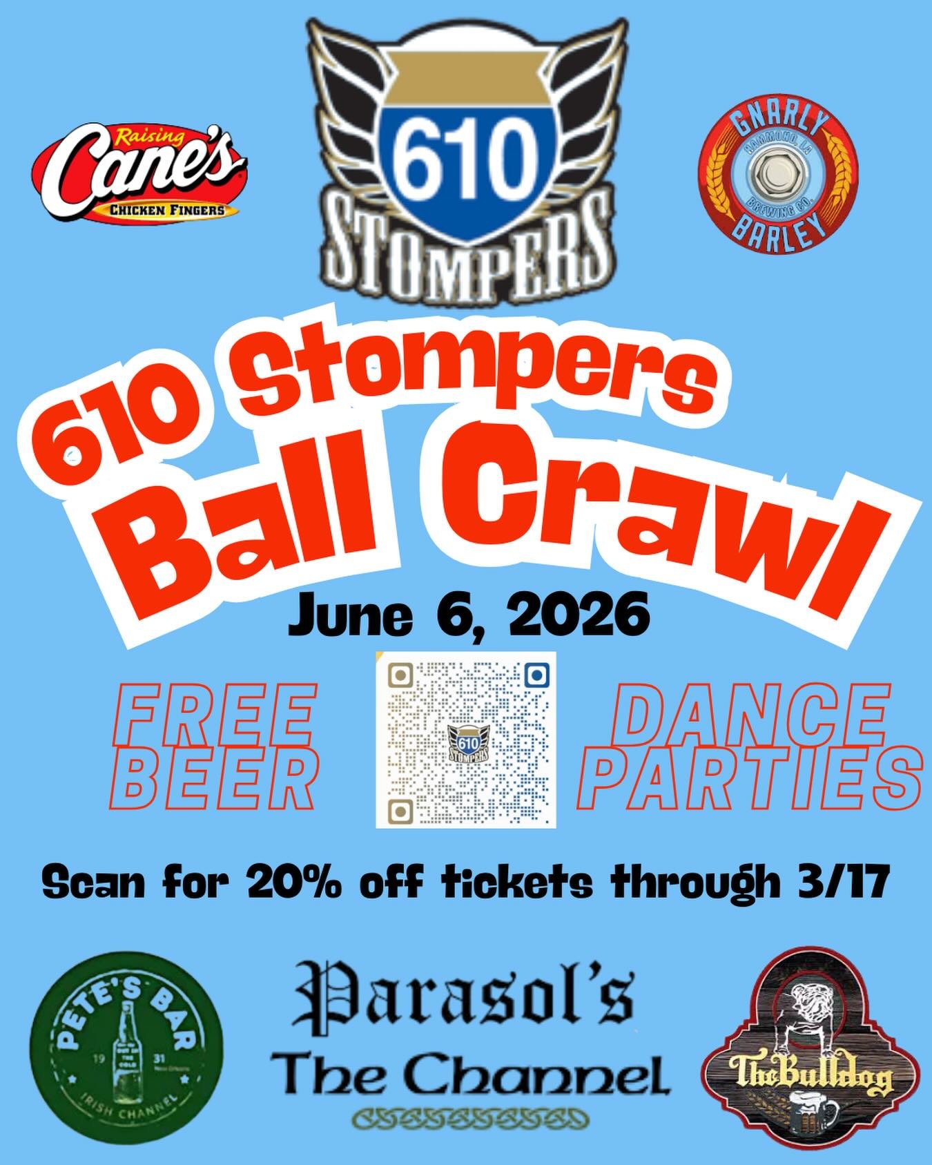 Things are about to heat up in the Irish Channel.
Join the 610 Stompers for our annual Ball Crawl on June 6 featuring:
🍻 Free beer
💃 Dance parties
📍 Pete&rsquo;s &bull; Parasol&rsquo;s &bull; The Channel &bull; The Bulldog
Grab discounted tickets 