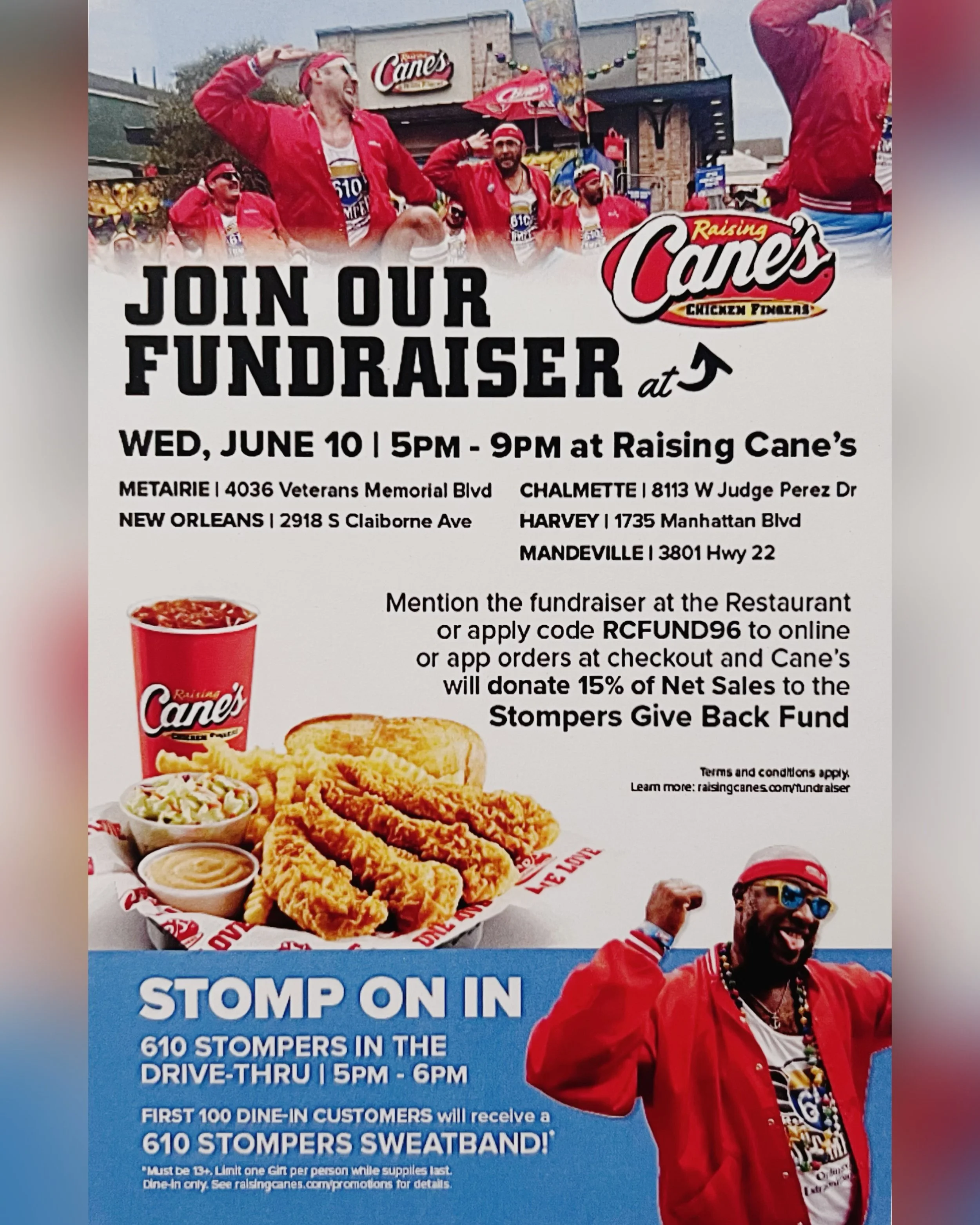 June 10th is officially 610 Stompers Day in New Orleans.🎉❤️🩵
We&rsquo;ll be spending that day at @raisingcanes, one of our amazing sponsors, helping raise money for the &lsquo;Stompers Give Back&rsquo; fund. Mention the fundraiser or use code RCFUN
