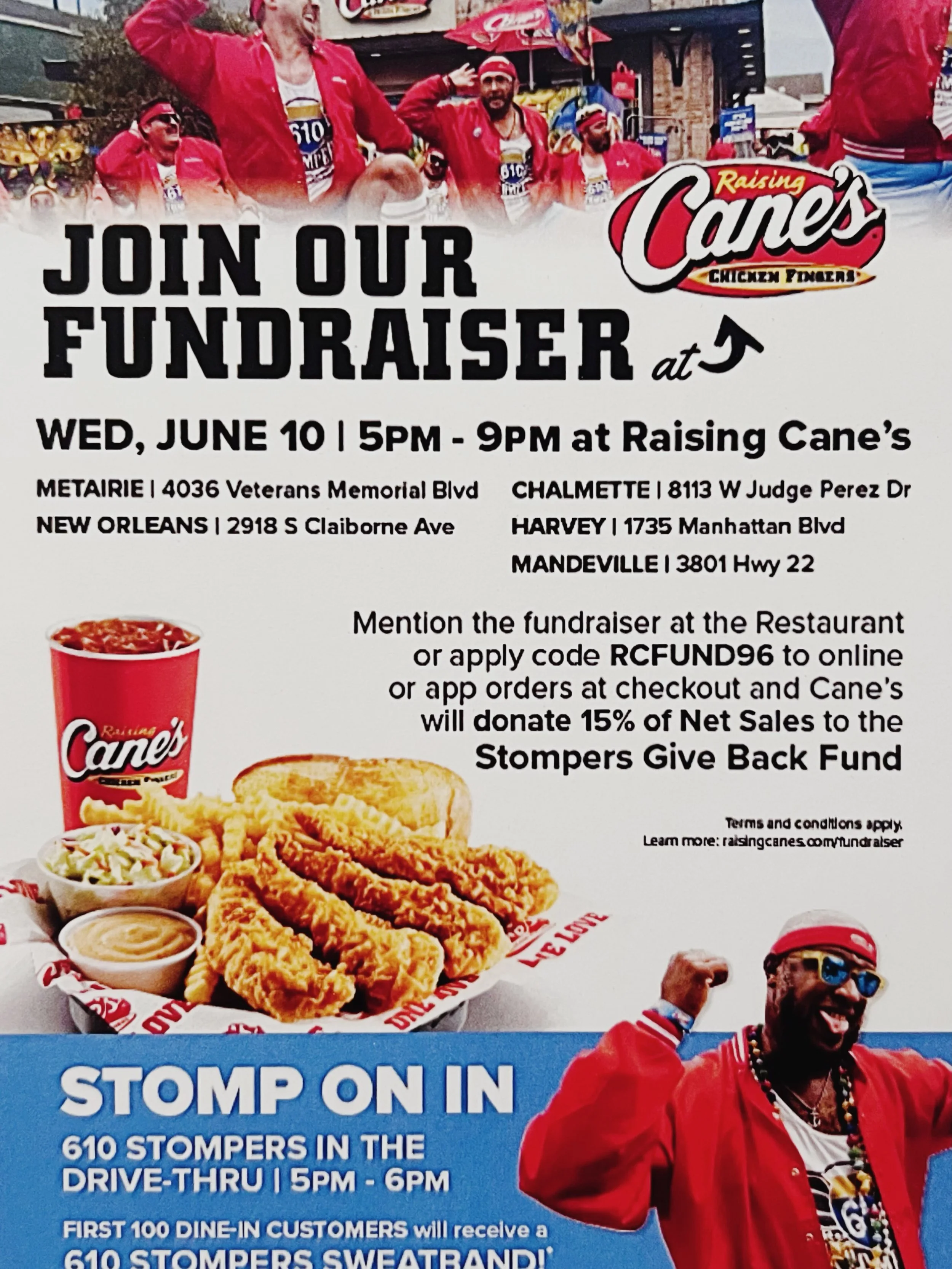 610 Day is upon us! 🎉
As if you needed another reason to grab some @raisingcanes, on Wednesday, June 10th from 5&ndash;6pm you can catch the 610 Stompers at five participating Raising Cane&rsquo;s locations across the New Orleans area.
Even better, 
