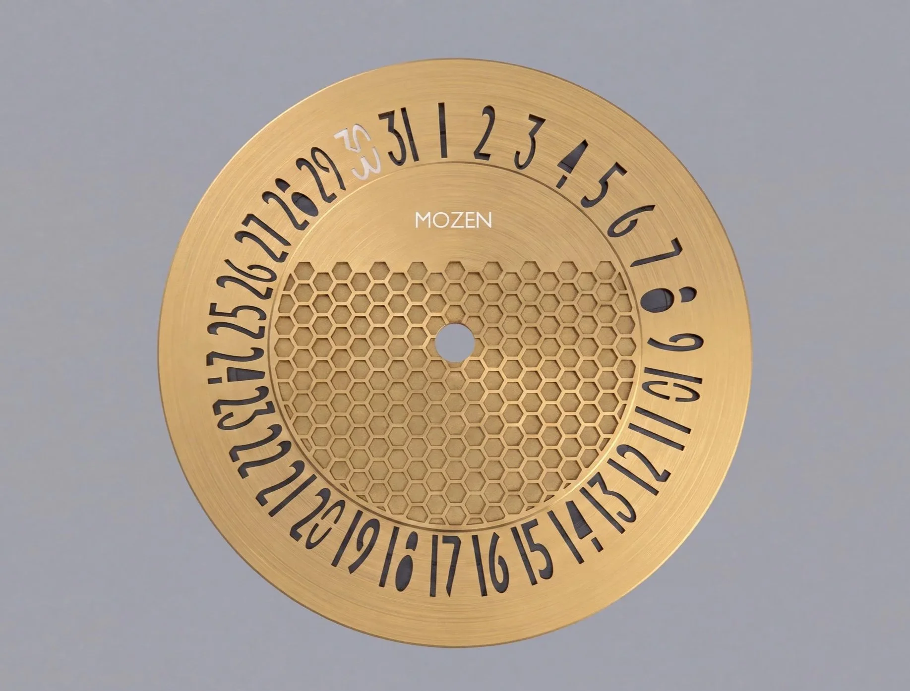 A round wooden calendar with numbers from 1 to 31 arranged in a circle, and a honeycomb pattern in the center, with the word 'MOZEN' engraved in the middle.