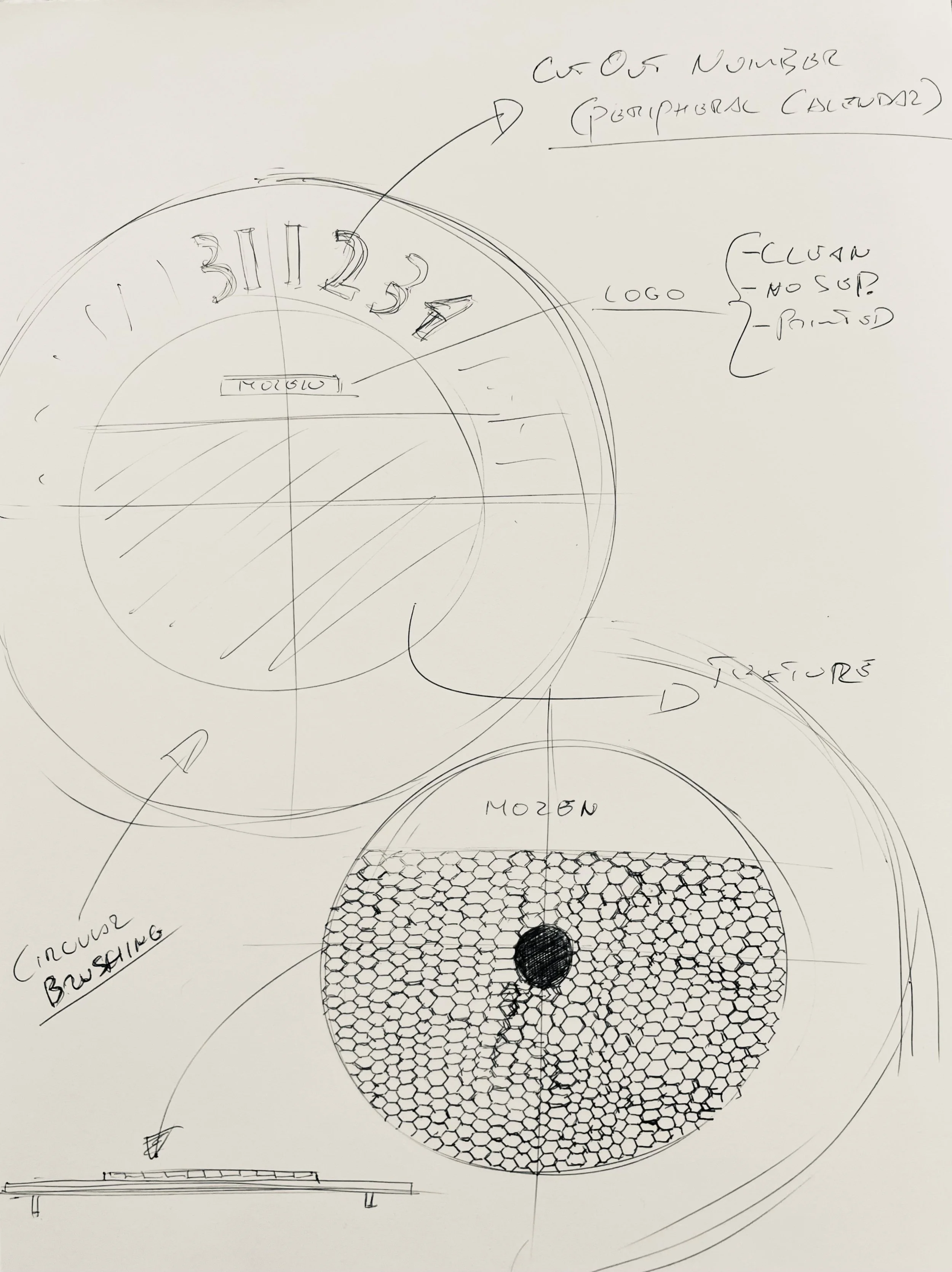 Sketch of a circular object with numbered sections, labeled areas for 'logo' and 'including brushing', with various handwritten notes and a hexagonal pattern design.