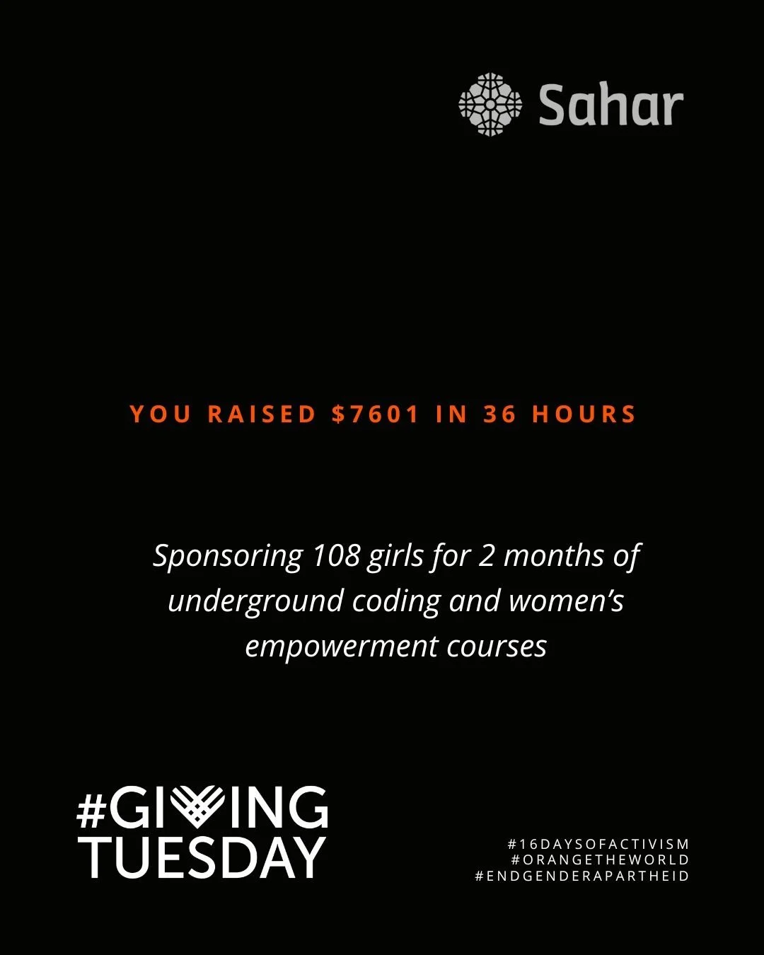 We did it... together. 

Thanks to your incredible generosity, Sahar Education raised $7,601 in just 36 hours during Giving Tuesday and maxed out our match in the Safer World Fund Campaign.

Since September 11, we&rsquo;ve raised a total of $24,270 o
