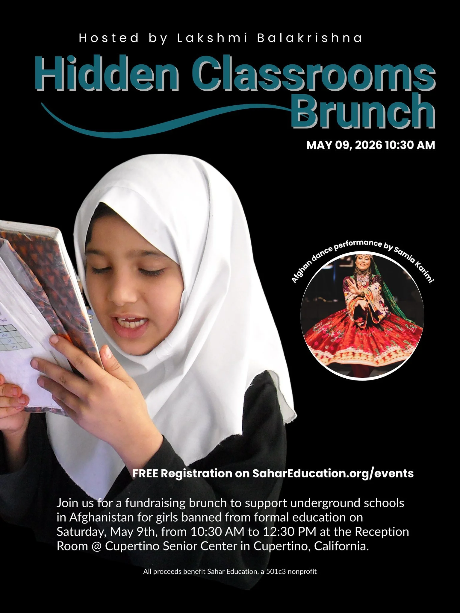 Join us for Hidden Classrooms: A Brunch for Afghan Girls on Saturday, May 9th, from 10:30 AM to 12:30 PM at the Reception Room at the Cupertino Senior Center in Cupertino, California.

Registration is FREE, and all are welcome.

This special fundrais