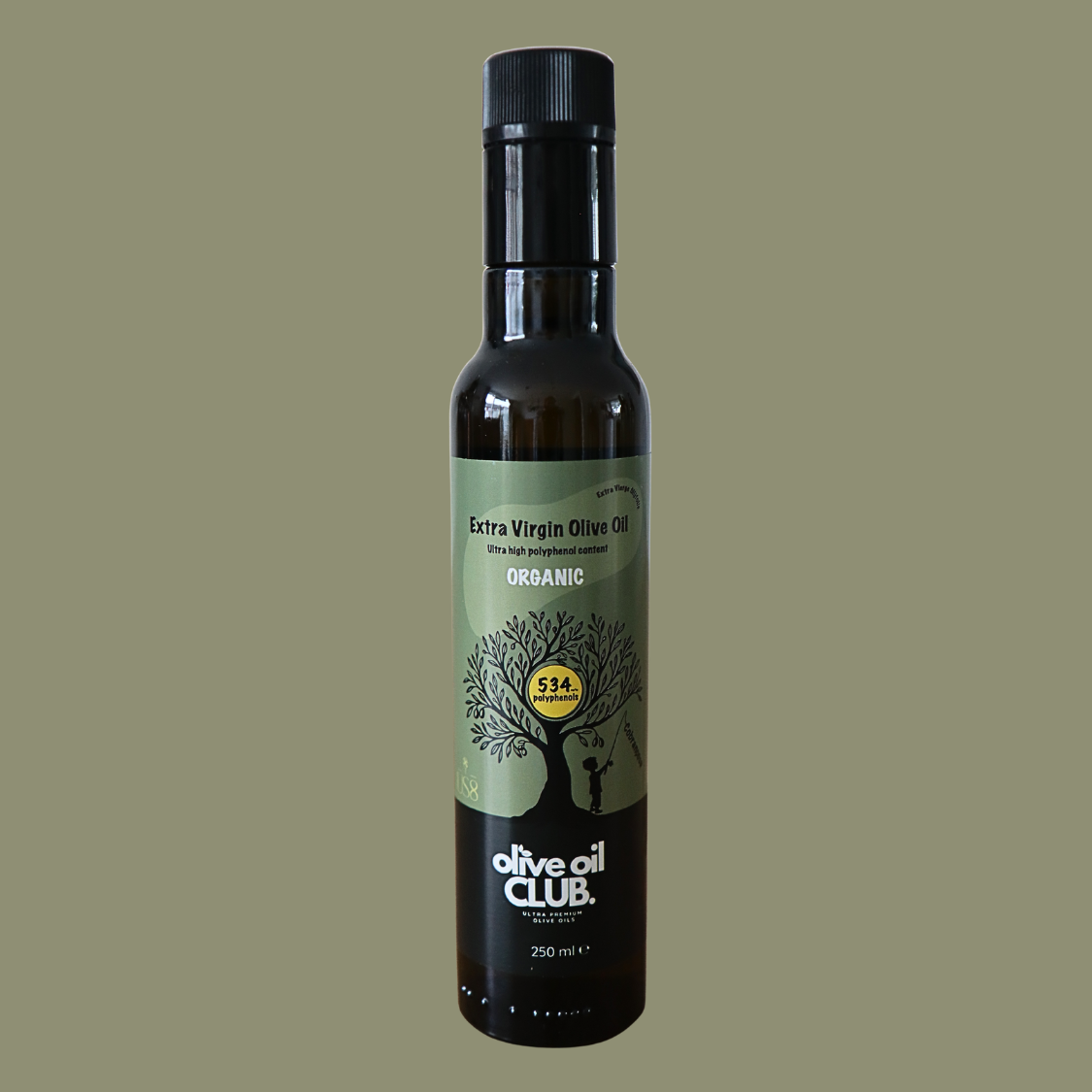A bottle of extra virgin organic olive oil with a black cap and green label featuring a tree and a person with a dog, labeled 'olive oil CLUB' and '250 ml'.