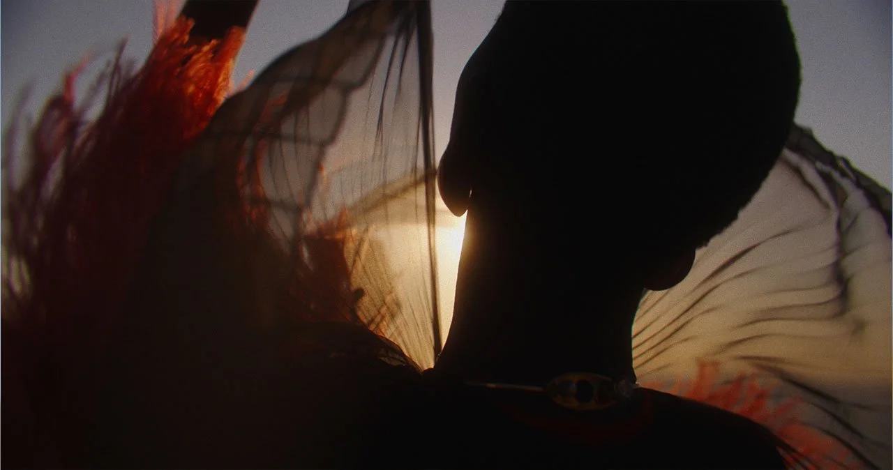 Silhouette of a person holding a colorful fabric with the sun setting or rising in the background.