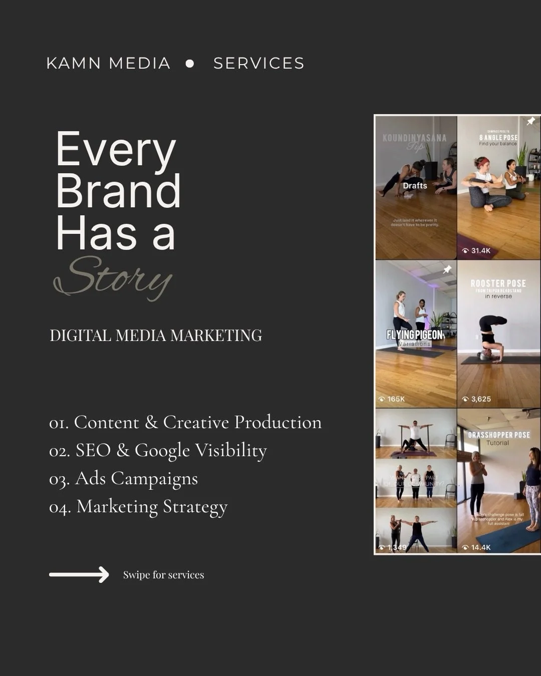 We&rsquo;ve been working hard behind the scenes.

KAMN Media is growing, and so are our services.

Content. SEO. Ads. Strategy.

Everything your brand needs to be seen, chosen, and remembered.

Swipe to see what we offer!