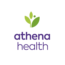 Athena Health logo with a green leaf design and purple text.