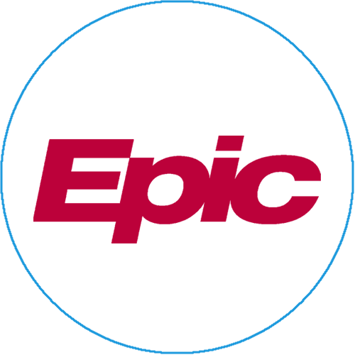 Epic logo in bold red text inside a white circle with a thin blue outline.