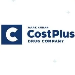 CostPlus drug company logo with a large letter 'C' inside a square and the text 'Mark Cuban CostPlus Drug Company'.
