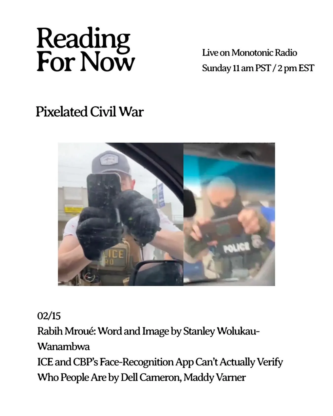 Back today with a new episode covering the use of phone camera technology by immigration enforcement during Operation Metro Surge. The inspiration and grounding force behind the episode is Rabih Mrou&eacute;&rsquo;s photo series &ldquo;Pixelated Revo