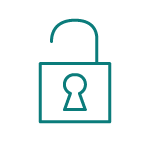A white unlocked padlock icon on a teal circular background