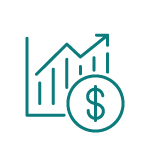 Dollar sign in a coin on top of a positive trend bar chart.