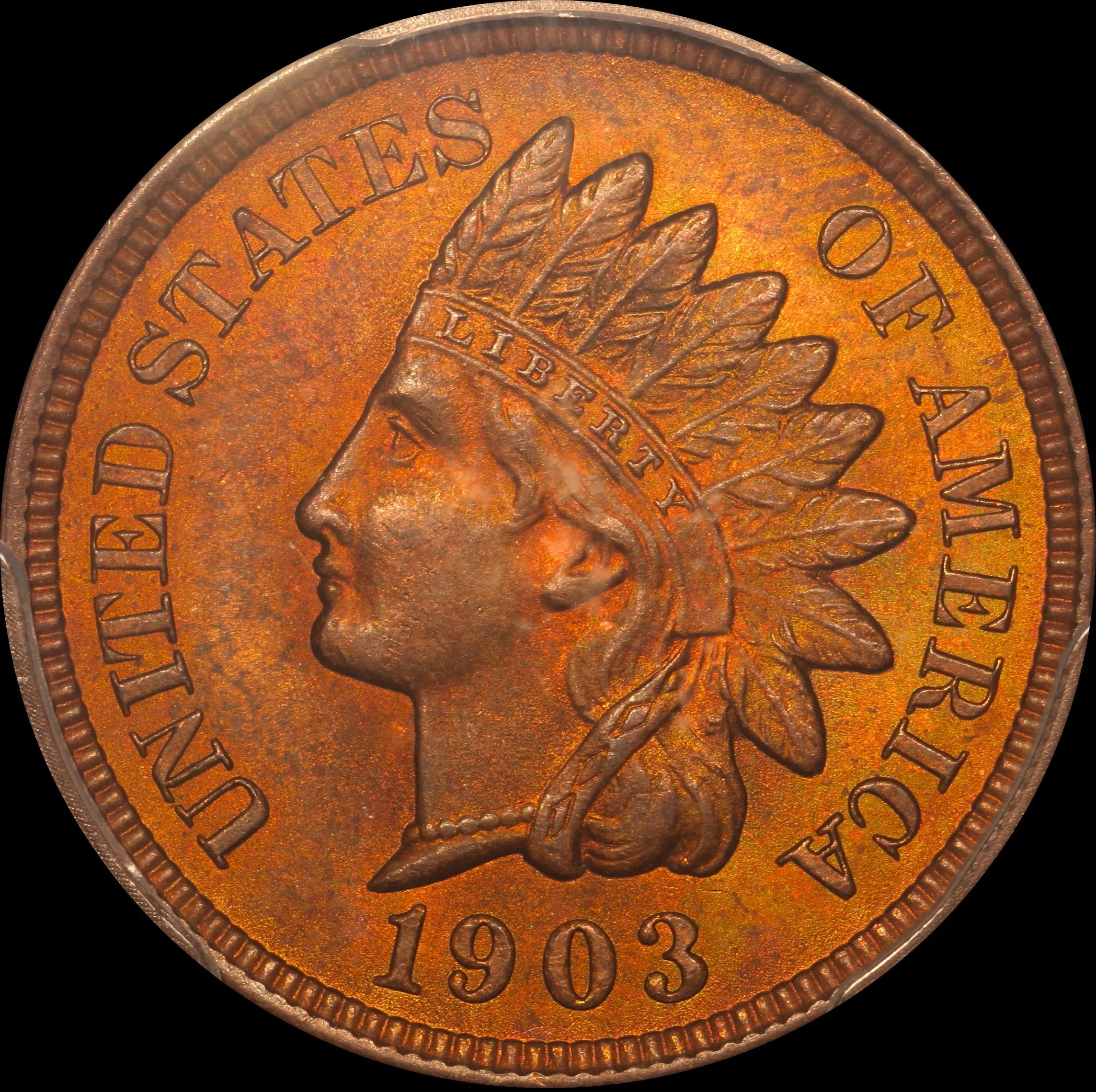 1903 1c Indian Head Cent MS 64 RB Rainbow Toned Reverse