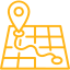 Yellow outline of a cartoon shopping cart with wheels.