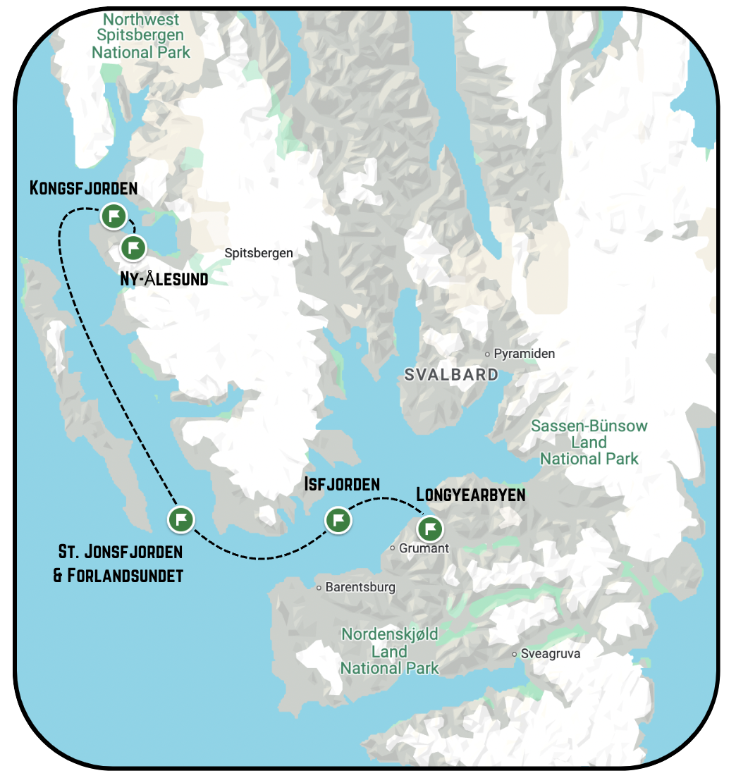 Map of Svalbard, Norway, showing a cruise route with stops at Longyearbyen, Isfjorden, Ny Ålesund, and Kongsfjorden, including nearby national parks and geographical features.