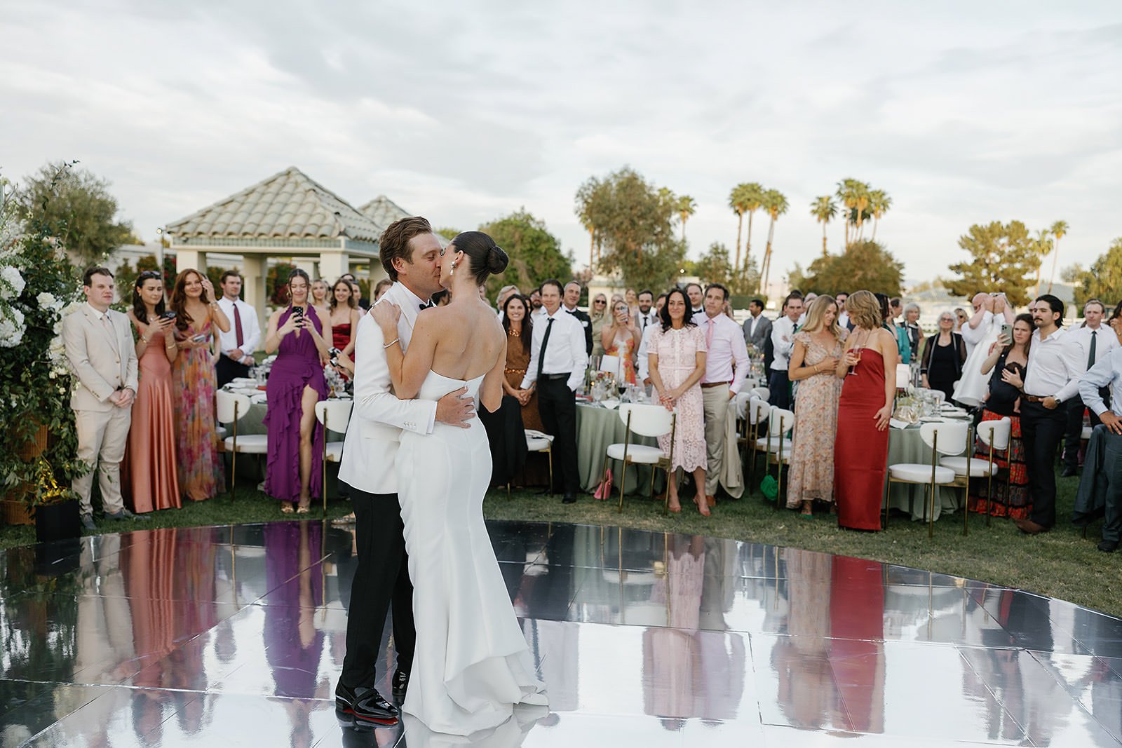 Gorgeous bride and groom 's first dance at their Merv Griffin Estate wedding reception designed by COJ Events