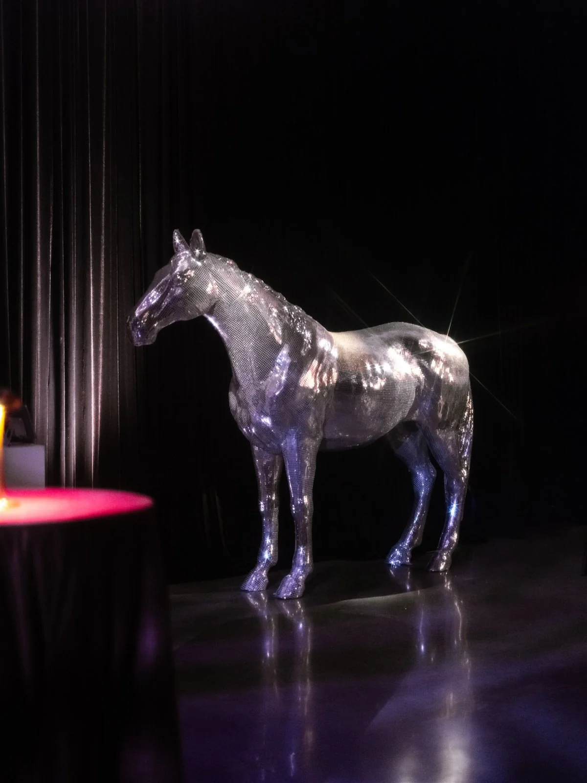 Disco ball horse at a Cache Estate wedding reception in Indio, CA, by Palm Springs wedding planner COJ Events