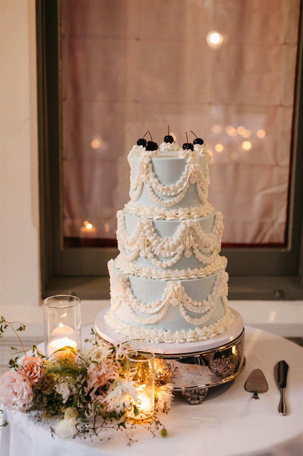 Custom white three-layer wedding cake-Designed by COJ Events-Palm Springs Destination Wedding