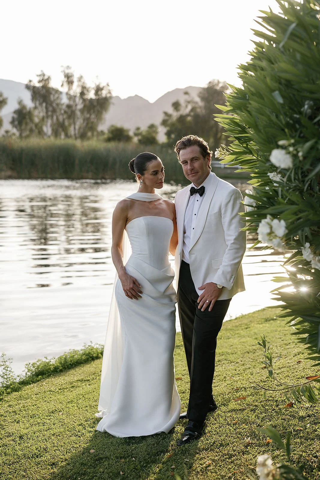 Bride and groom golden hour portrait at a Merv Griffin Estate wedding reception designed by COJ Events