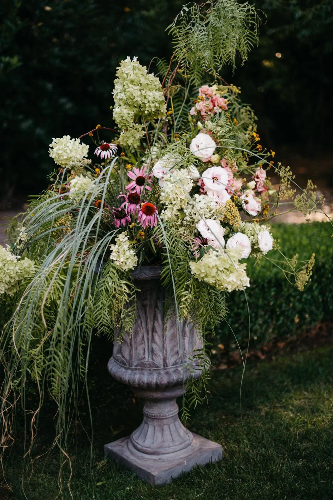 Florals of purple coneflower, white hydrangeas and grasses with a woodland vibe on the grounds of The Madrona -Planned by COJ Events-Palm Springs Destination Wedding