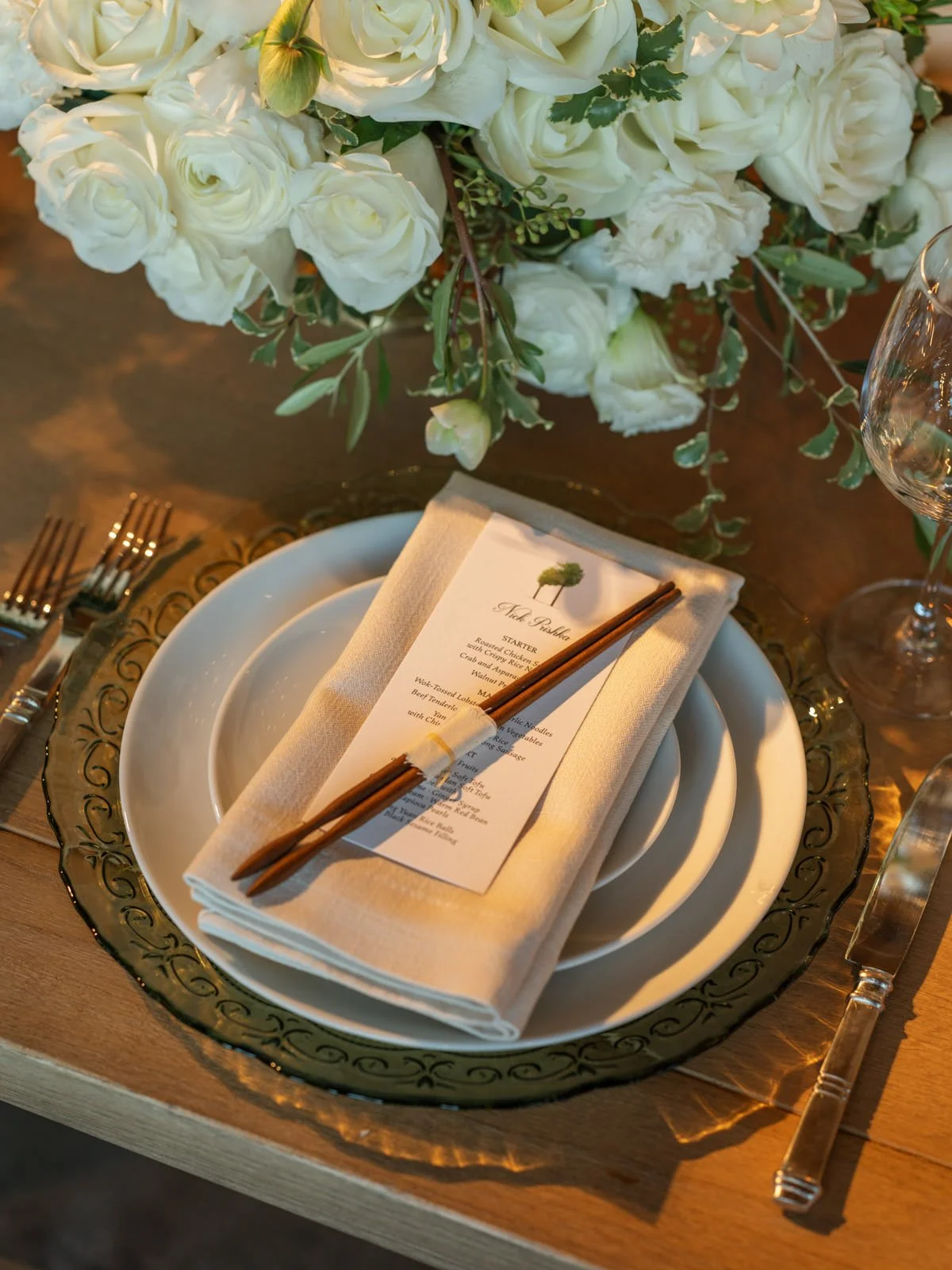 Wedding reception white place setting at Cache Estate in Indio, CA, by Palm Springs wedding planner COJ Events