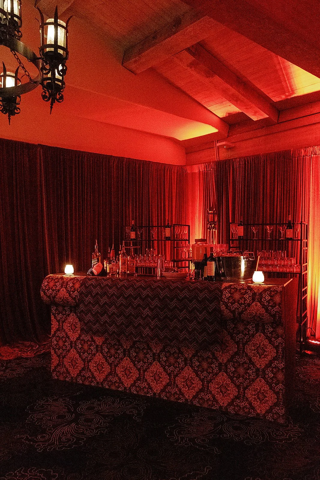 The bar at the late night dance party at a Merv Griffin Estate wedding, designed by COJ Events
