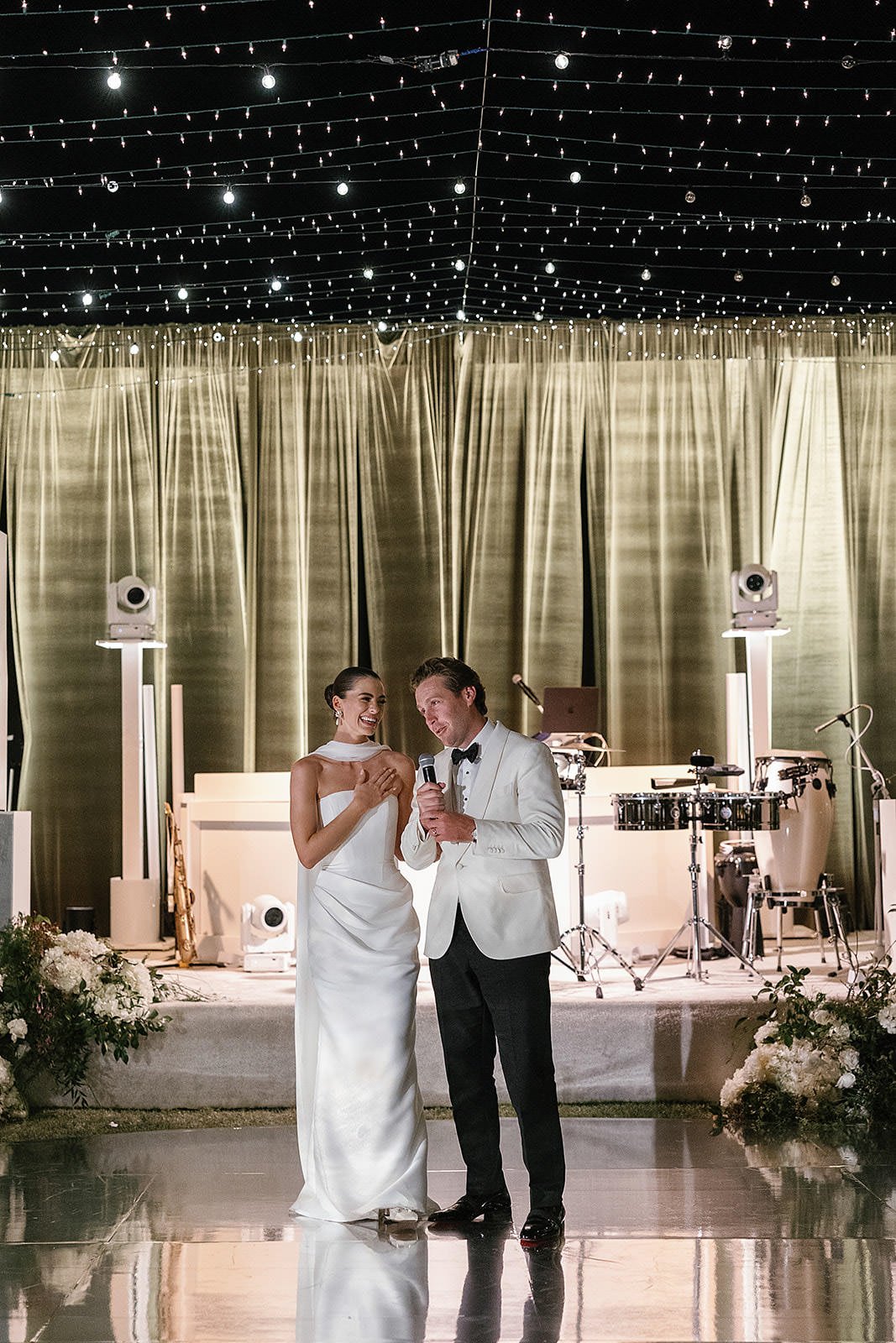 A bride and groom thanking their guests at their Merv Griffin Estate wedding reception designed by COJ Events