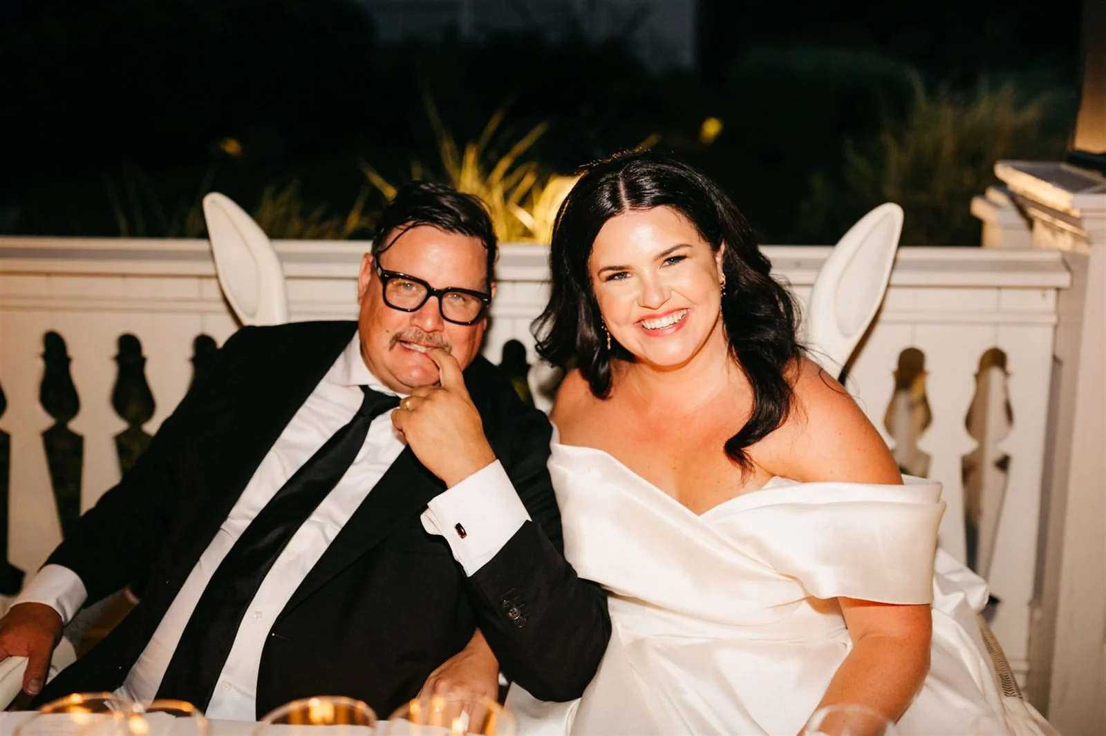 Casual couple portrait at the reception on the grounds of The Madrona -Planned by COJ Events-Palm Springs Destination Wedding