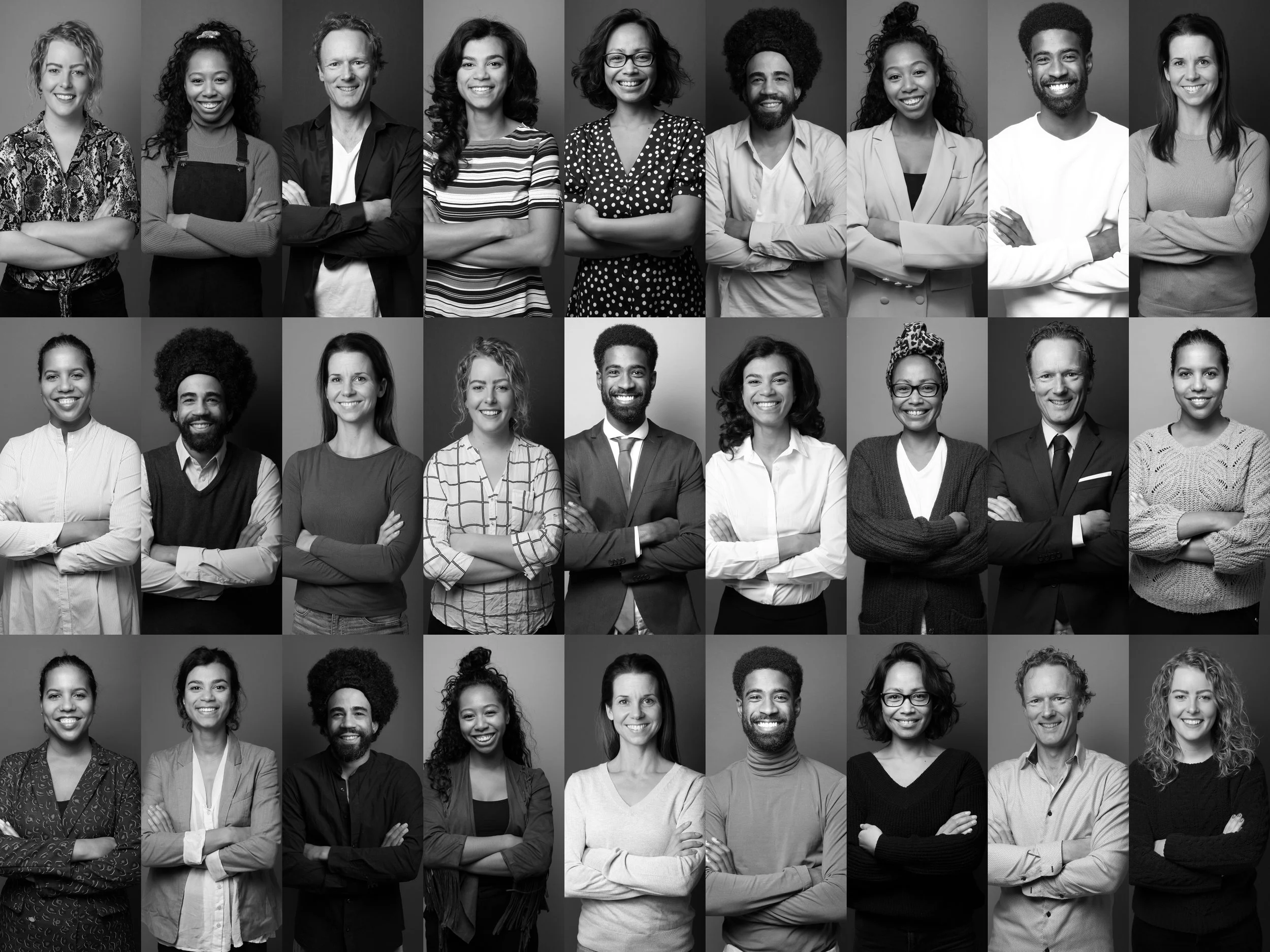 A collage of thirty diverse men and women in professional attire, smiling and posing with arms crossed, black-and-white portrait photos arranged in a grid.