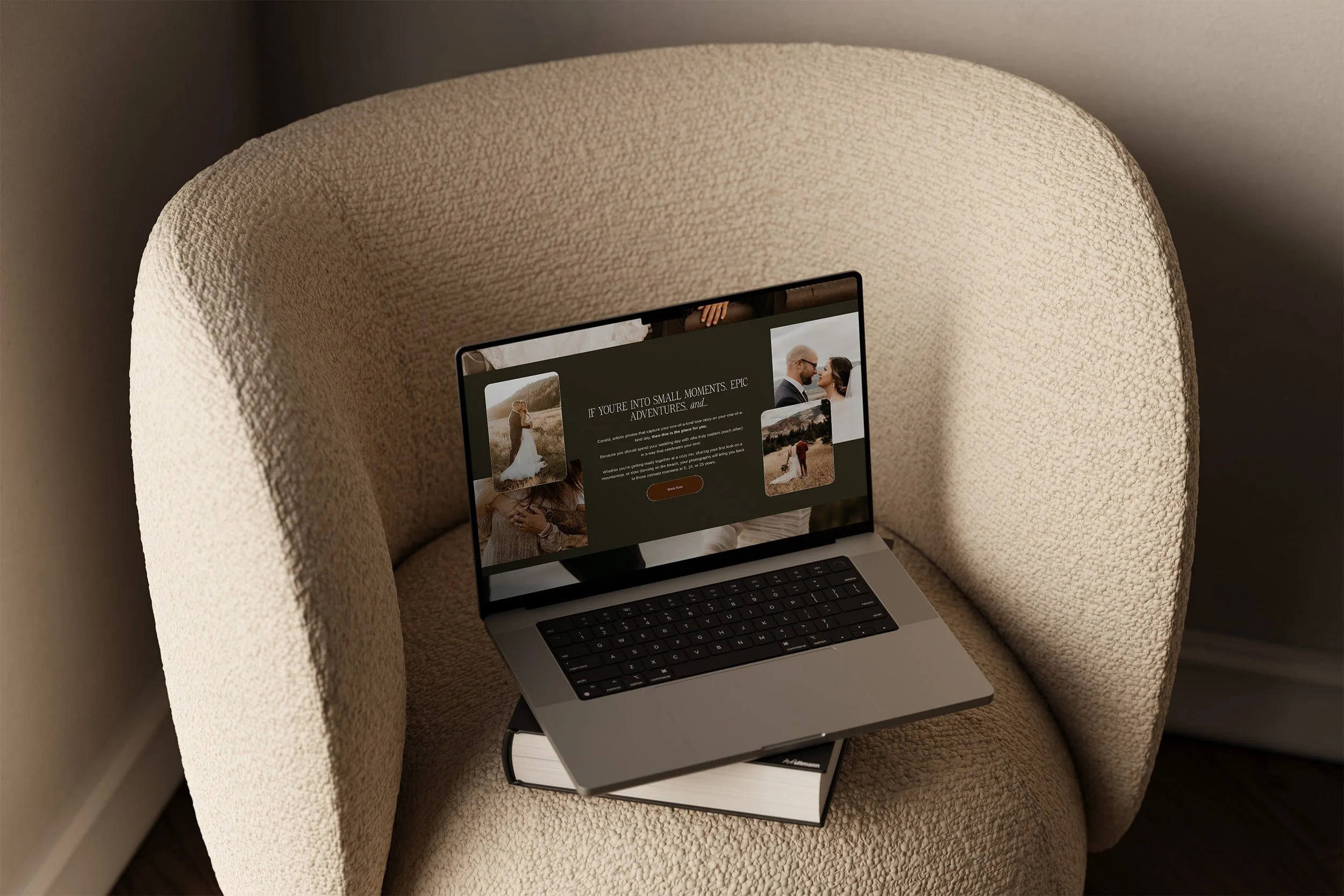Mockup of a laptop sitting on a beige couch showing Christine Nicole Photography BC's sales page