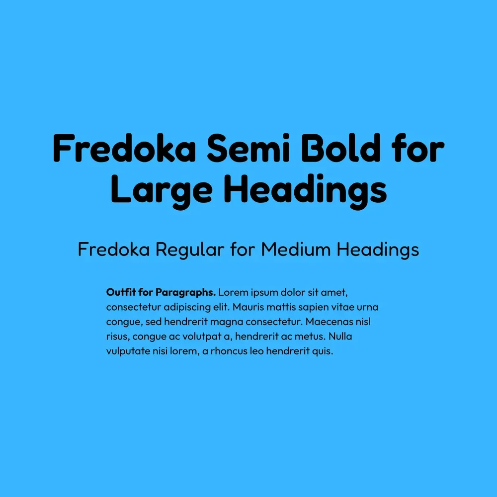 Fredoka and Outfit font pairing specimen in black text on a bright sky blue background