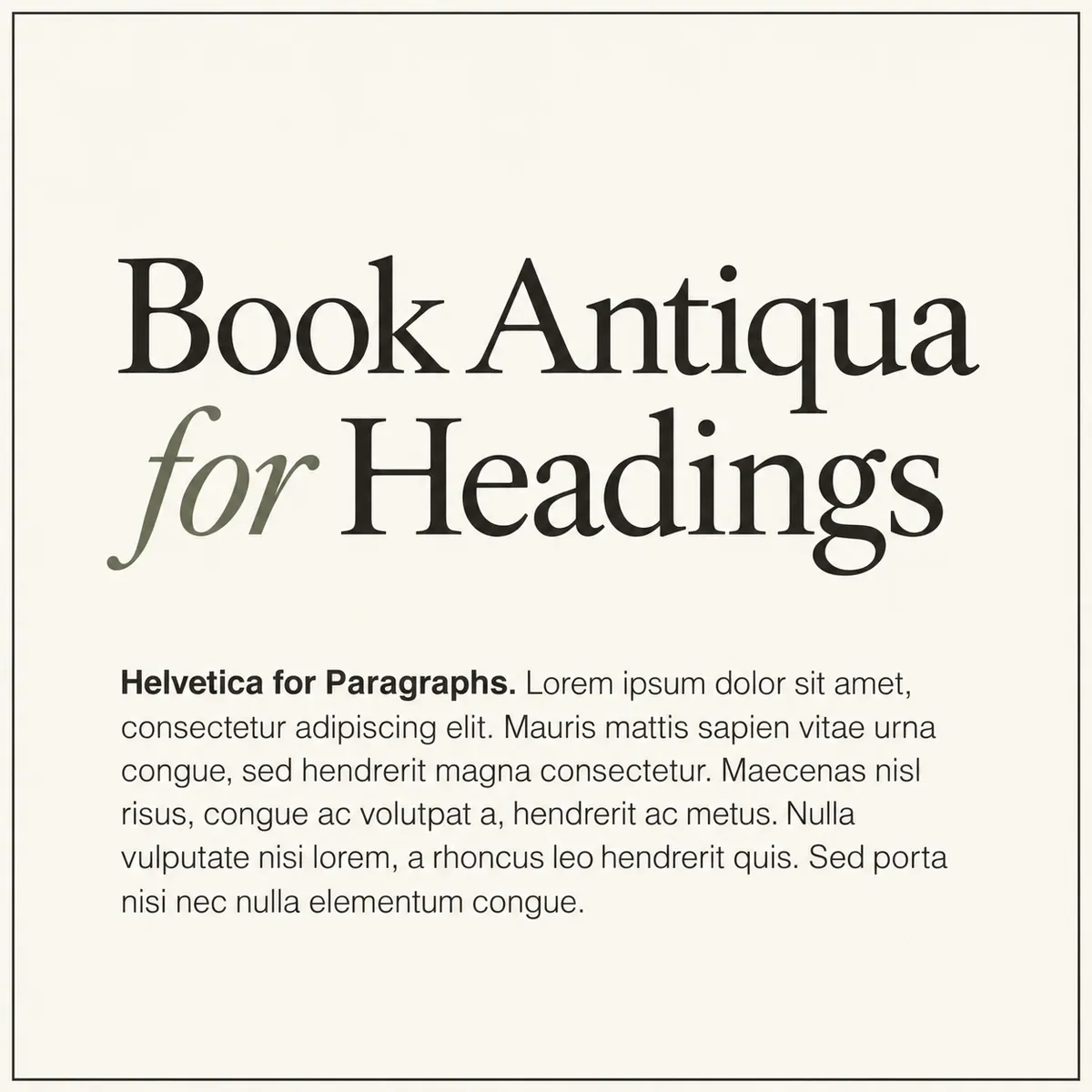 Book Antiqua and Helvetica font pairing sample on cream, with a sage green italic accent