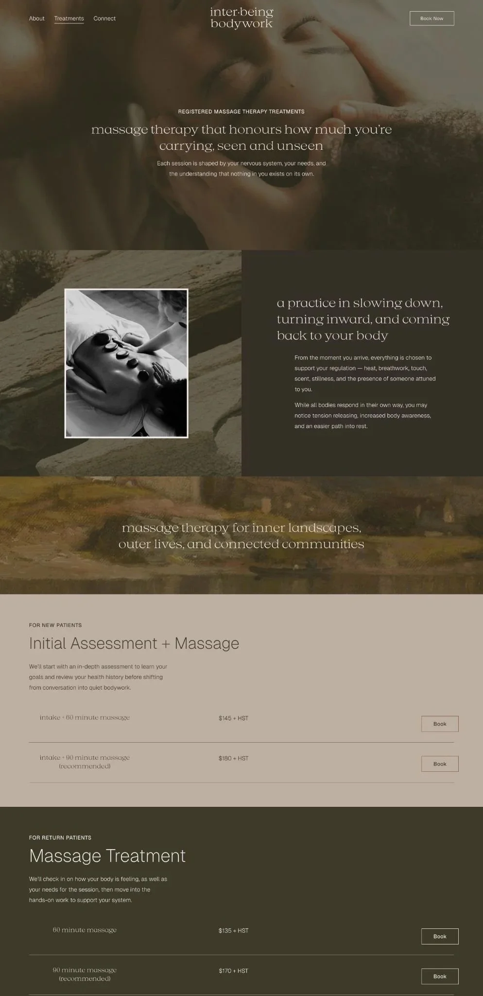 screenshot of the interbeing bodywork services page for their new massage therapy website