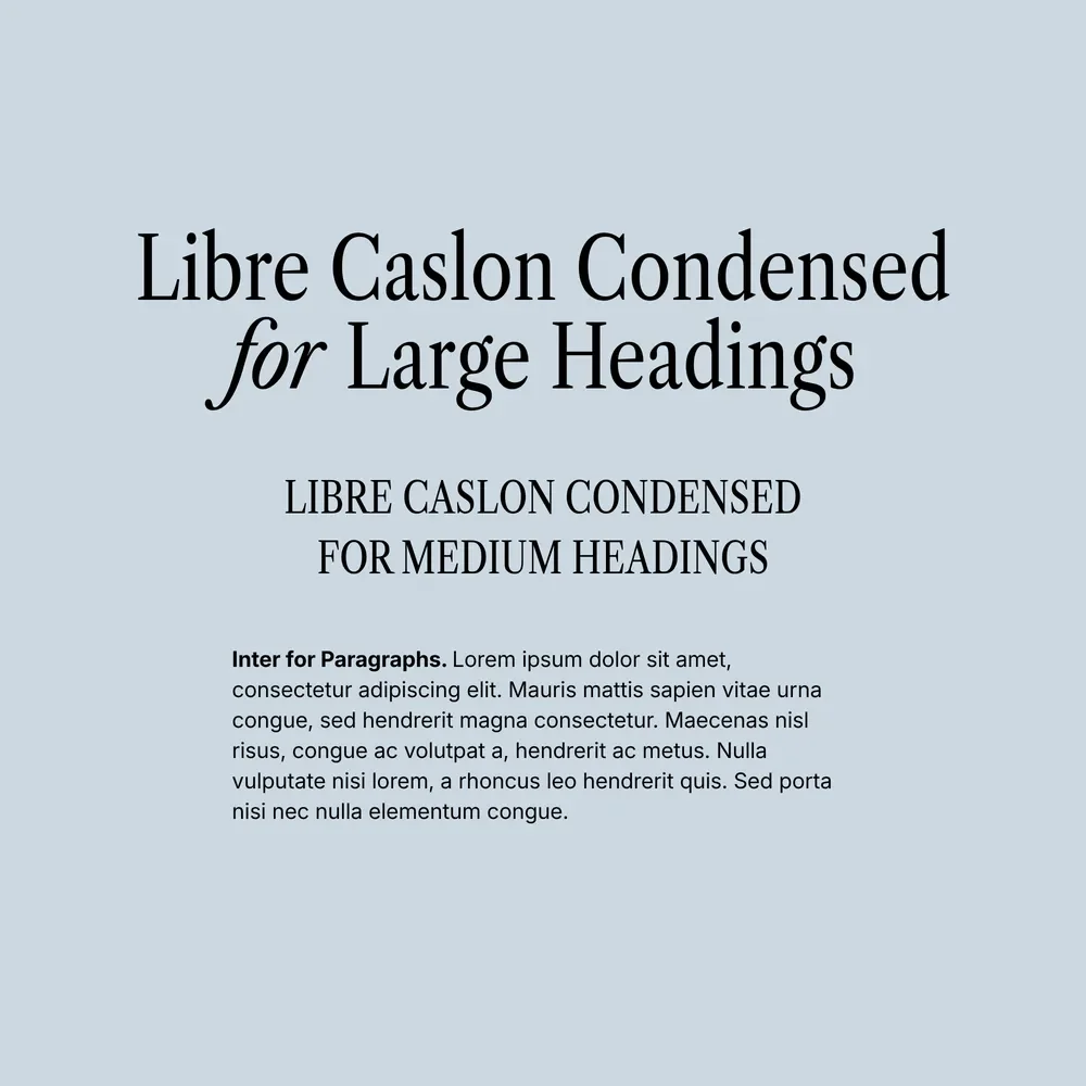 Libre Caslon Condensed and Inter font pairing specimen in black on a soft blue-grey background