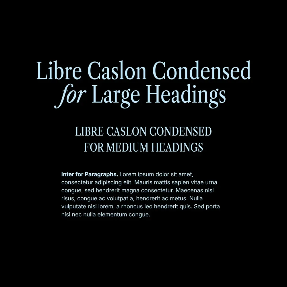 Libre Caslon Condensed and Inter font pairing specimen in pale blue text on a black background